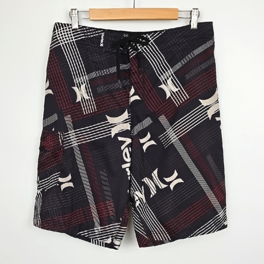 Hurley Men's Black Red White Plaid Swim Board Shorts Logo‎ Graphic Size 32